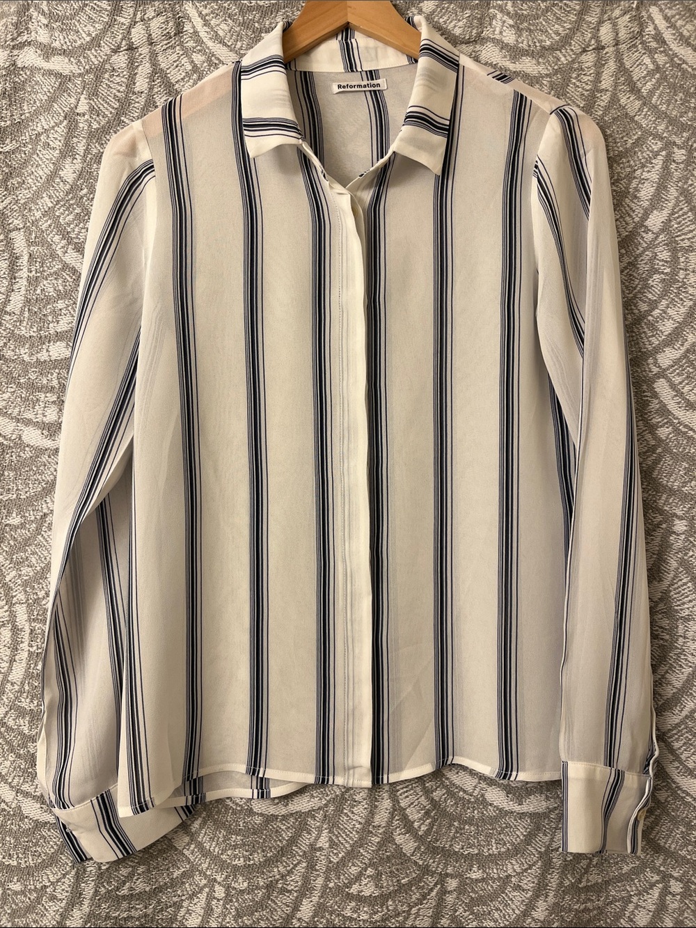Reformation White, Navy and Black Vertical Stripe Button-Down Blouse